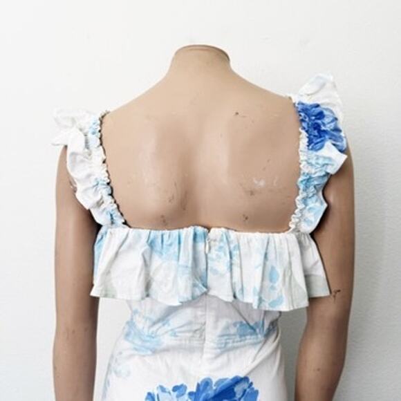 [SABO] White Peony Blue Floral Print Ruffle Mini Dress NWT Fit & Flare Sz Large - Picture 6 of 12